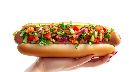 Gourmet hotdog with condiments held by a hand on bright white background