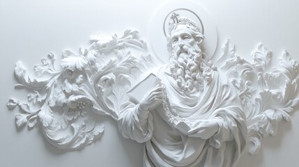 Obraz premium White bas-relief sculpture of a bearded saint holding a book, surrounded by ornate floral designs.