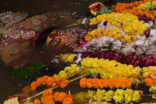 Goddess Durga during Visarjan with traditional look in close up view in Jhilmil Colony Delhi, Durga Puja Idol, A biggest Hindu festival in India
