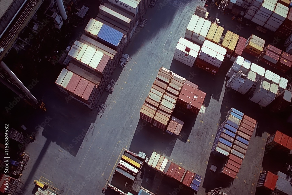 Poster aerial view of numerous shipping containers in a port.