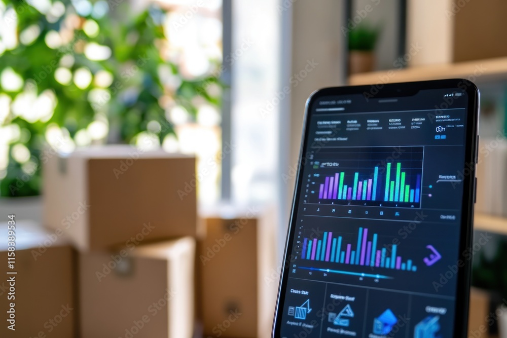 Poster Tablet displaying graphs and charts in a home office with boxes.