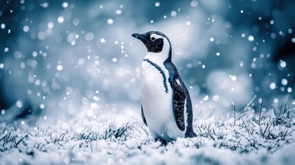 Fototapeta premium A solitary penguin stands in a snowy landscape, surrounded by falling snowflakes.