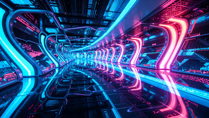 Futuristic neon corridor with illuminated patterns and reflective surfaces in a high tech environment, digital art of futurism concept.