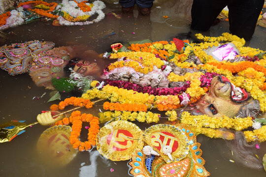 Goddess Durga during Visarjan with traditional look in close up view in Jhilmil Colony Delhi, Durga Puja Idol, A biggest Hindu festival in India