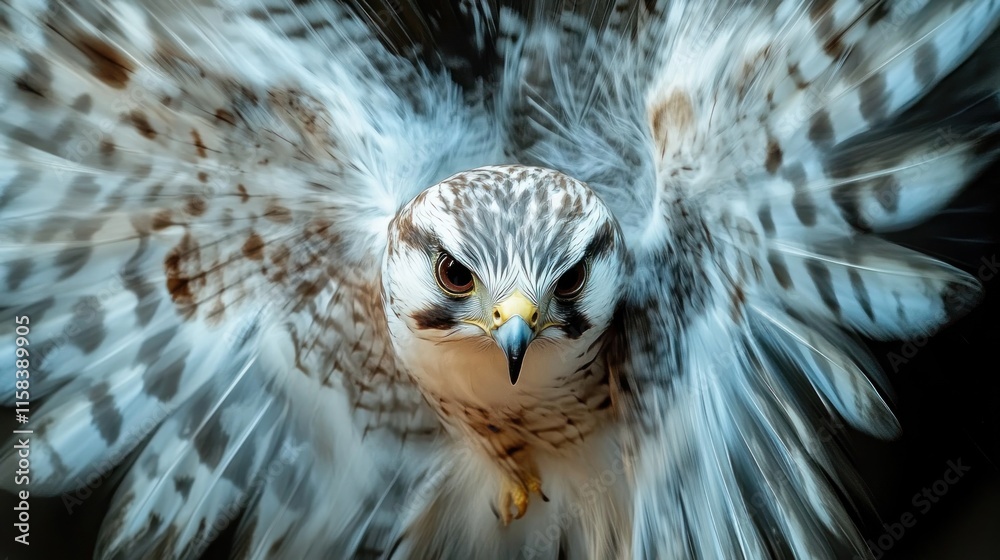 Poster close-up of a hawk with wings spread, showcasing detailed feathers and intense gaze.