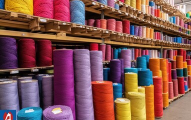 A vibrant spectrum of yarn cones stacked high, a mesmerizing display of color and texture. Perfect for knitting or crochet projects!