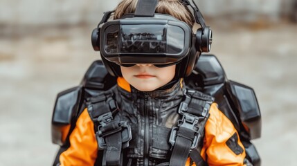 Obraz premium Young Child Wearing Virtual Reality Headset and Futuristic Backpack in Outdoor Setting, Engaged in Immersive Gaming Experience and Exploration of Technology