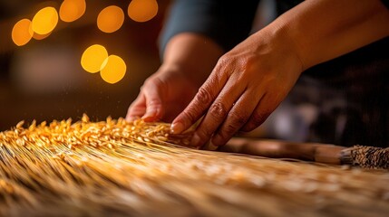 A close-up of hands arranging golden wheat stalks, showcasing craftsmanship.