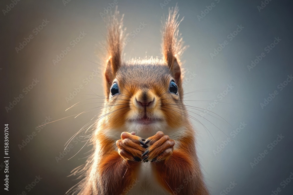 Aufkleber close-up portrait of an adorable red squirrel with fluffy ears and paws together, looking directly a