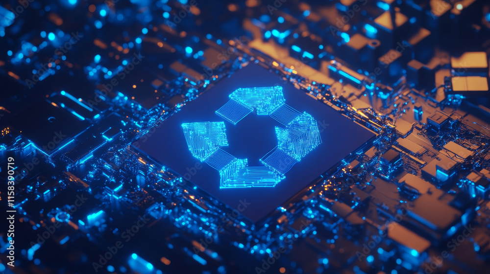Poster ai chip and two recycle digital arrows. abstract digital ai processor in low poly wireframe with neo