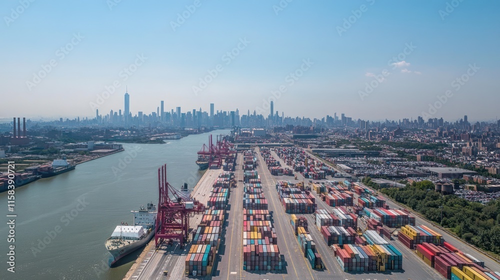 Poster aerial view of a busy cargo port with container ships, cranes, and a city skyline in the background.