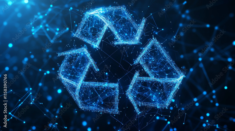 Poster ai chip and two recycle digital arrows. abstract digital ai processor in low poly wireframe with neo