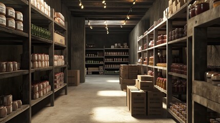 Obraz premium Rustic Cellar Stock: A 3D Render of a Well-Stocked Root Cellar with Rows of Wooden Shelves Filled with Preserved Foods and Cardboard Boxes.