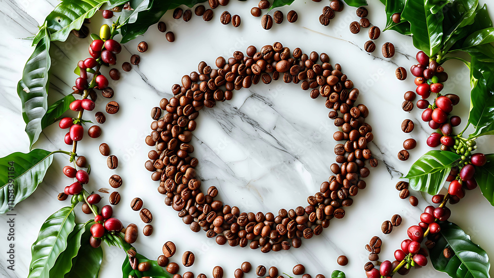 Wall mural Roasted coffee beans arranged in a circle with coffee plant branches and leaves.  Concept of coffee production, freshness, and aroma.