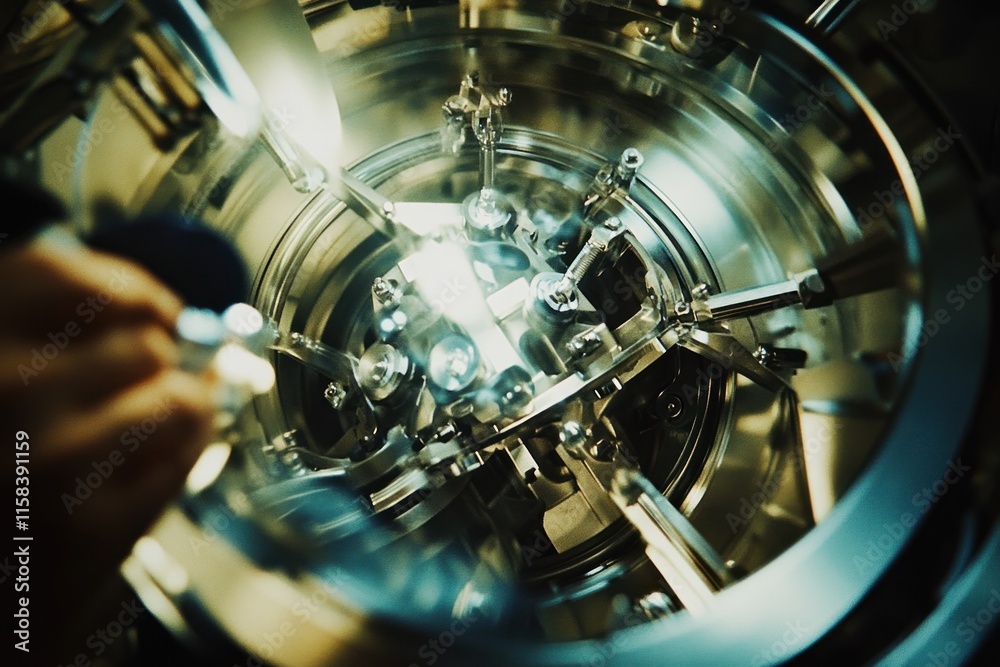Poster Close-up of a scientist's hands operating a complex, high-tech, metallic machine with intricate internal mechanisms.