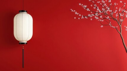 Obraz premium Tranquil Lantern Against Vibrant Red Wall with Cherry Blossom Tree Branch in Serene Asian-Inspired Decor for Modern Living Spaces and Cultural Aesthetics