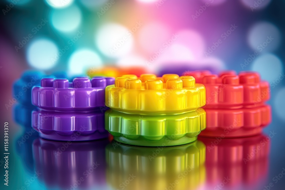 Poster colorful plastic building blocks stacked on reflective surface with bokeh background.