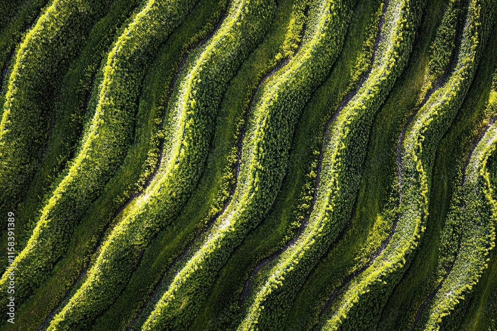 Poster aerial view of undulating green terraced fields.