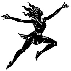 Dynamic Dancer in Mid-Leap with Flowing Hair and Skirt