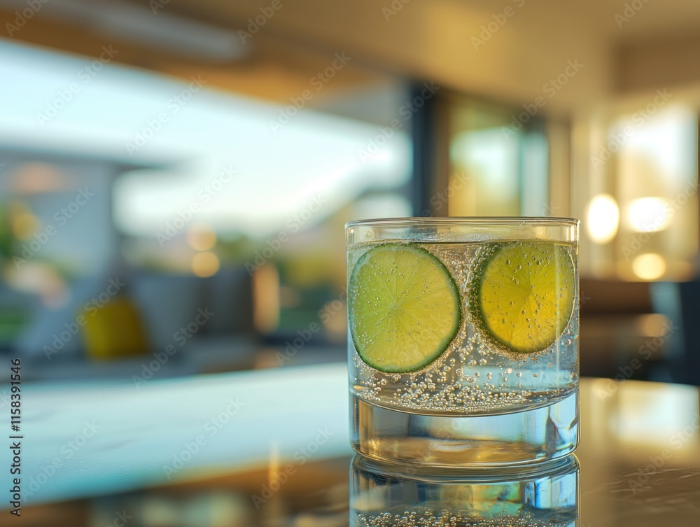 Poster sparkling water with lime slices in a glass on a reflective surface, blurred background of a modern 