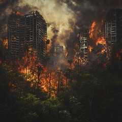 Fototapeta premium Dramatic Cityscape on Fire with Smoke and Destruction in Apocalyptic Scene