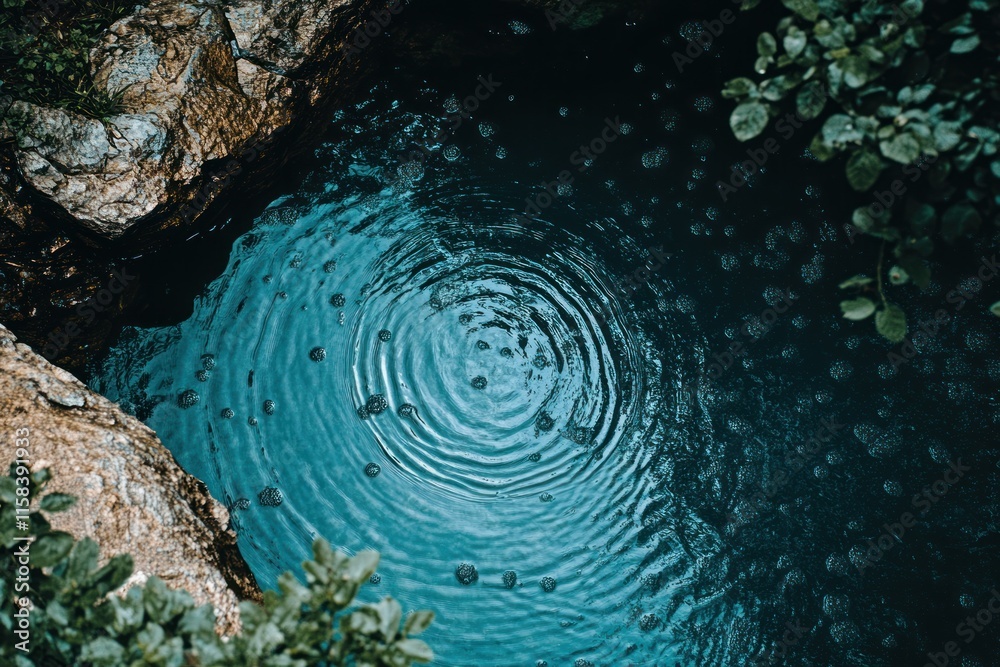 Poster overhead view of a calm, teal pool of water with concentric ripples, nestled within dark rocks and l