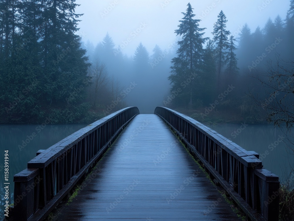 Poster misty morning view of a wooden bridge extending to a foggy forest across a calm lake.
