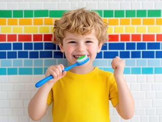 Happy child brushing teeth in colorful bathroom with cheerful expression holding a toothbrush, promoting dental hygiene and carefree childhood moments during morning routine