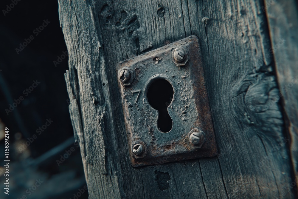Aufkleber close-up of a rusty keyhole on weathered gray wood.