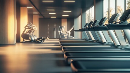 Obraz premium A row of treadmills in a gym.