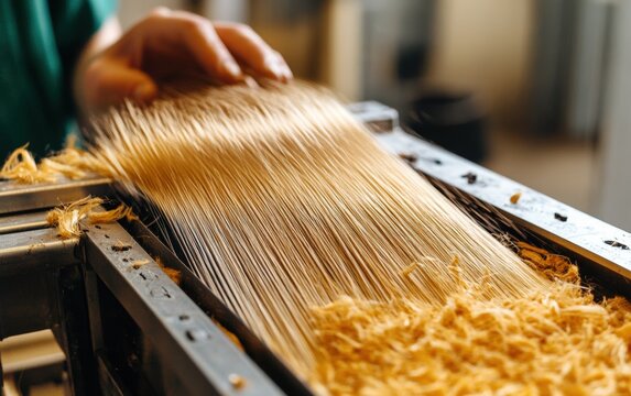 Golden Threads: Witness the precise, mesmerizing process of fiber combing, transforming raw material into refined strands. A glimpse into textile craftsmanship.