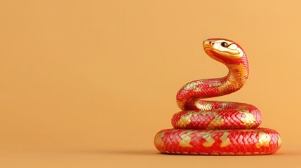 Fototapeta premium Vibrant Red and Gold Snake Sculpture with Intricate Details Displaying Natural Beauty Against a Warm Orange Background for Artistic and Decorative Use