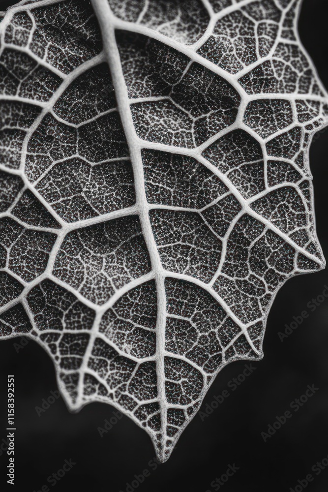 Poster close-up monochrome photo of a leaf's intricate vein structure against a dark background.