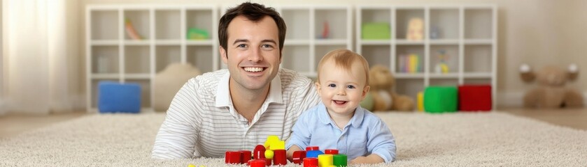 Happy Father and Baby Playing Together on the Floor Surrounded by Colorful Toys in a Cozy and Bright Living Room Setting