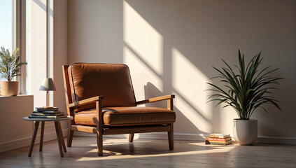 Cozy reading nook with natural light and verdant accents, photography of interior design concept.