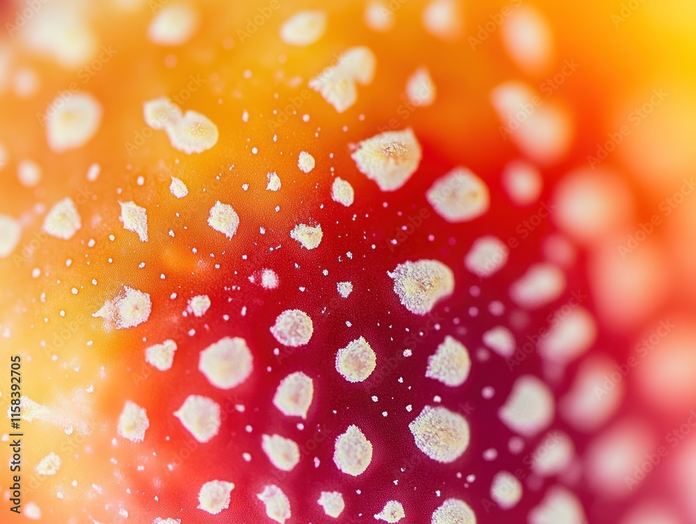 Poster close-up of a vibrant red and orange mushroom cap with white spots, showcasing intricate texture and