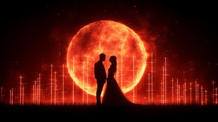 Silhouette couple embracing before fiery red moon.