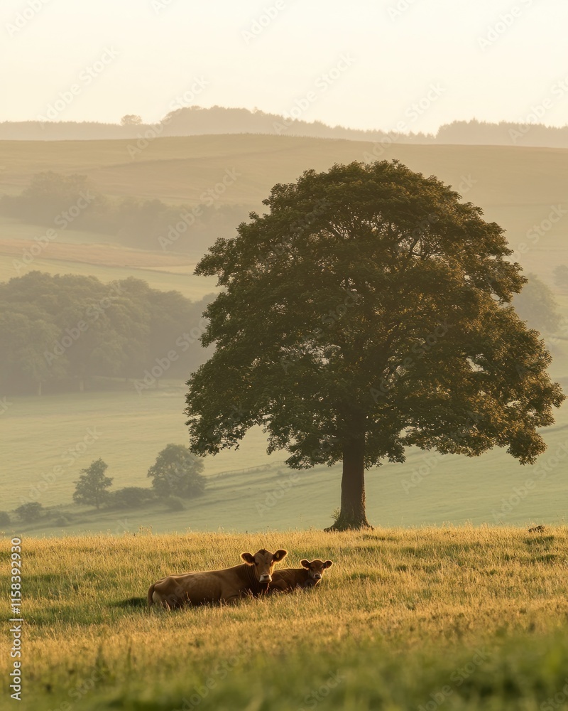 Poster Two cows resting in a field under a large tree at sunset, with rolling hills in the background.
