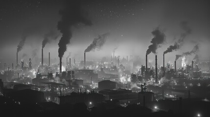 Obraz premium A monochrome industrial landscape with smoke billowing from factories, highlighting pollution.