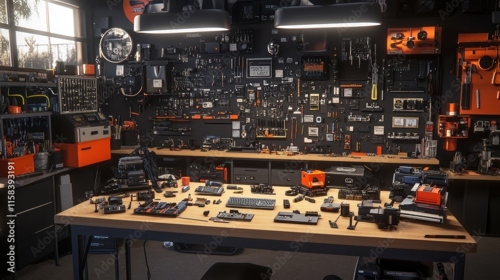 Poster well-organized workshop with tools and equipment on a workbench.