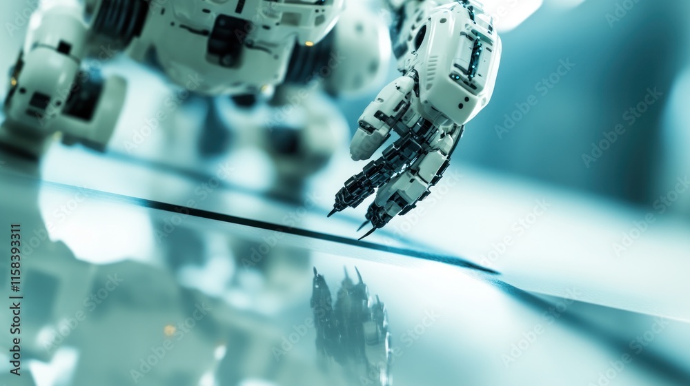 Fototapete close-up of a robotic arm interacting with a smooth surface, reflecting its metallic design.