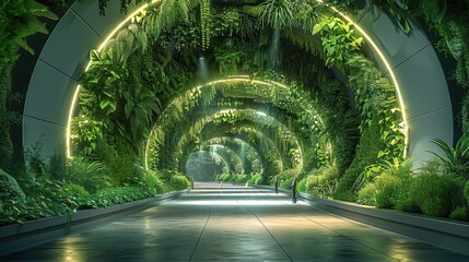 Futuristic underground tunnel covered with lush green plants on the walls and ceiling, integrated...