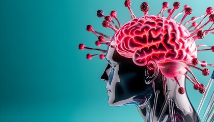 Conceptual Illustration of a Human Head with a Stylized Brain Surrounded by Viruses, Representing the Intersection of Health and Technology in Modern Medicine