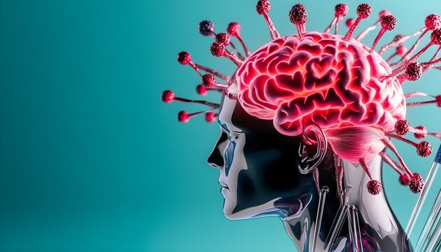 Conceptual Illustration of a Human Head with a Stylized Brain Surrounded by Viruses, Representing the Intersection of Health and Technology in Modern Medicine - Powered by Adobe