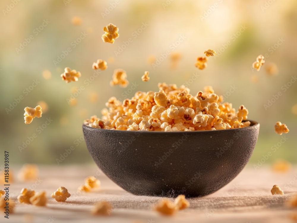 Poster buttery popcorn kernels levitating above a dark bowl on a linen tablecloth against a blurred green b