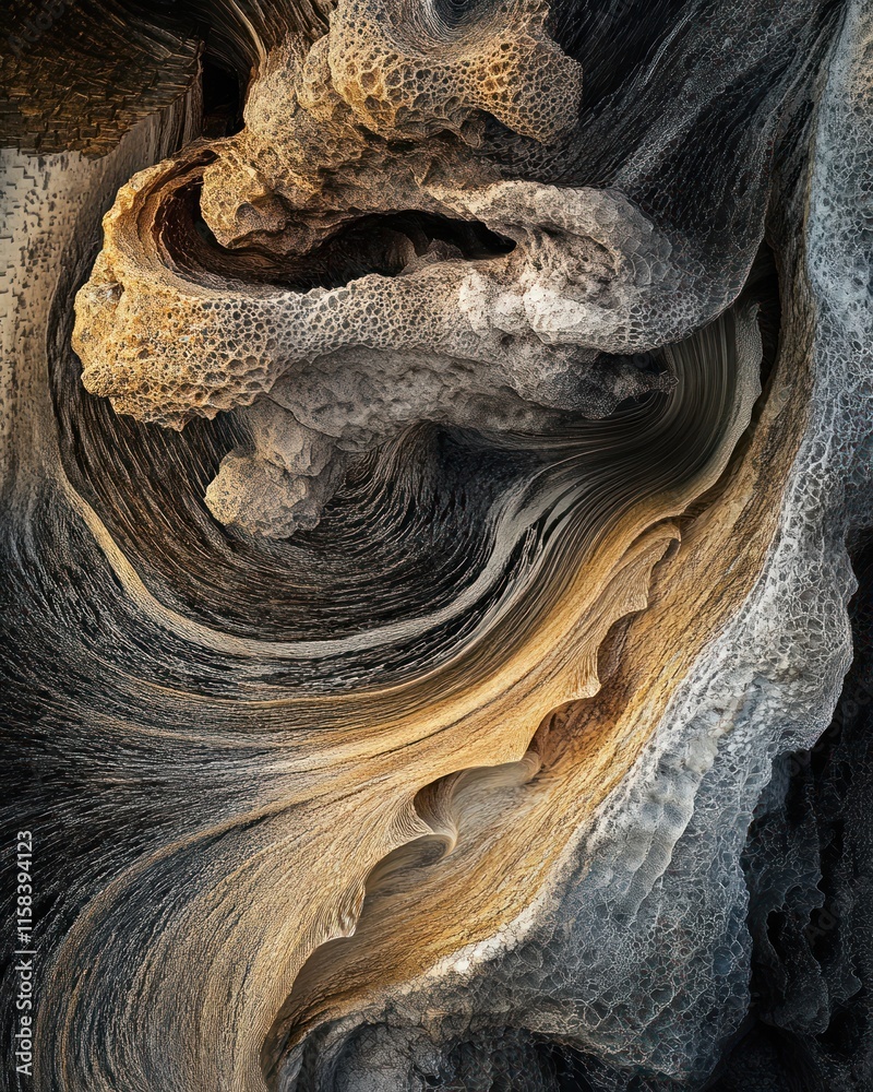 Poster abstract swirling rock formation with textured layers and crevices in warm earth tones.
