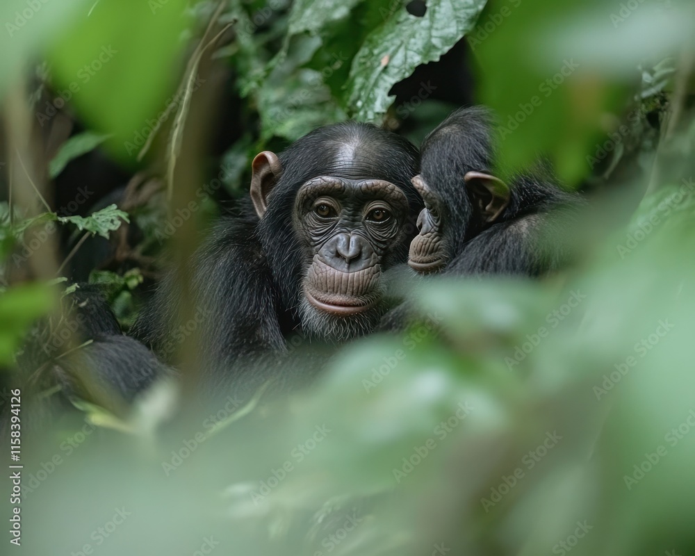 Poster two chimpanzees partially hidden in lush green foliage, one looking directly at the camera.