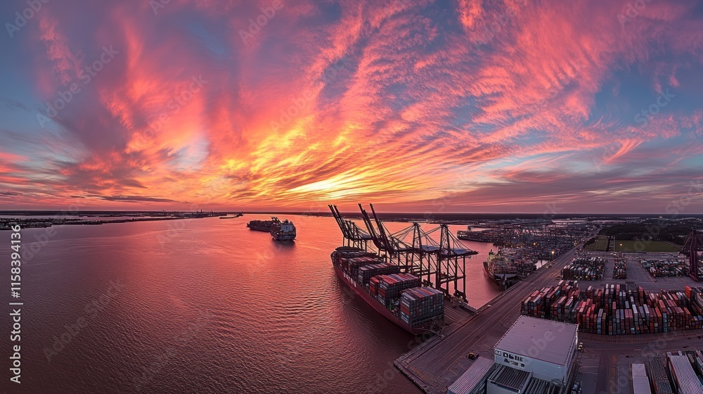 Poster vibrant sunset over a busy cargo port with container ships and cranes.