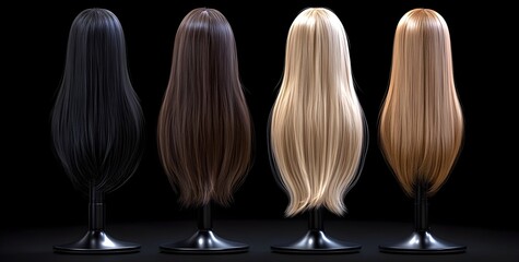 A Collection of Four Elegant Synthetic Wigs in Various Colors Displayed on Black Stands Against a Dark Background for Fashion and Beauty Portrayals
