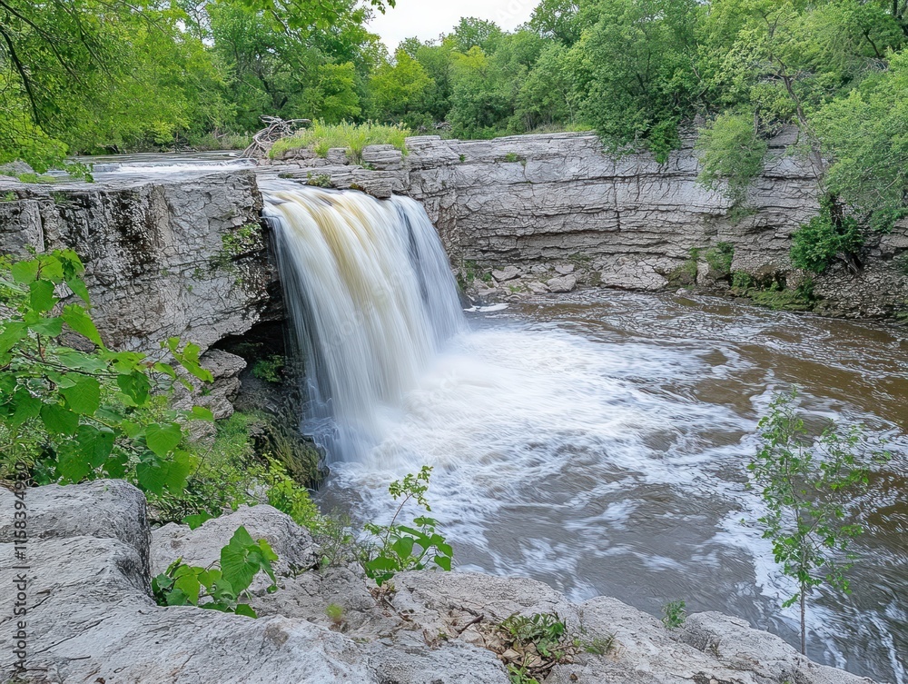 Poster serene waterfall cascading over rocky cliffs into a calm river pool, surrounded by lush green foliag